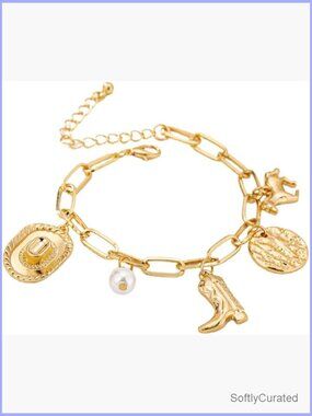 Western Boho Charm Bracelet with Cowboy Boot and Horse Pendant Adjustable